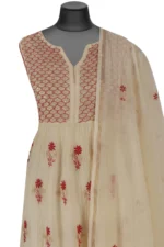 Srajann Hand Embroided Fawn Mul Chanderi Lucknowi Chikankari Unstitched Kurta Dupatta Set (SLC1619) - Image 5
