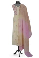 Srajann Hand Embroided Fawn Mul Chanderi Lucknowi Chikankari Unstitched Kurta Dupatta Set (SLC1620) - Image 2