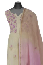 Srajann Hand Embroided Fawn Mul Chanderi Lucknowi Chikankari Unstitched Kurta Dupatta Set (SLC1620) - Image 3