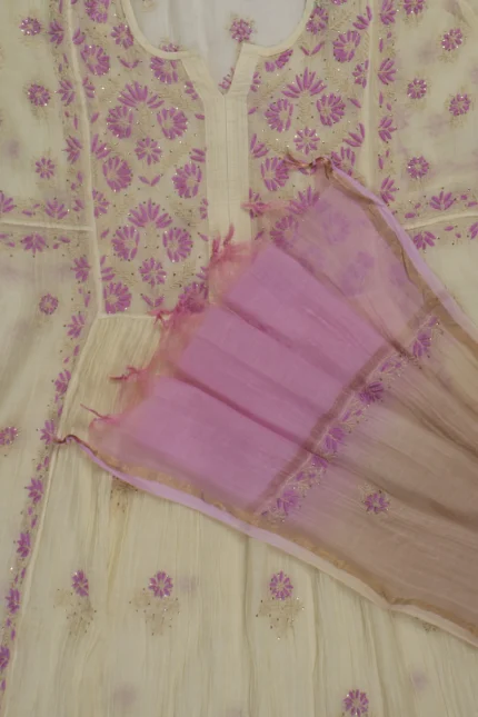 Srajann Hand Embroided Fawn Mul Chanderi Lucknowi Chikankari Unstitched Kurta Dupatta Set