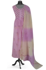 Srajann Hand Embroided Pink Mul Chanderi Lucknowi Chikankari Unstitched Kurta Dupatta Set (SLC1624) - Image 2