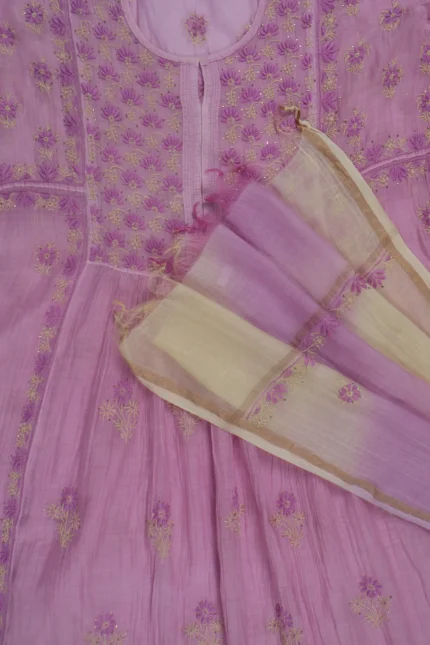 Srajann Hand Embroided Pink Mul Chanderi Lucknowi Chikankari Unstitched Kurta Dupatta Set