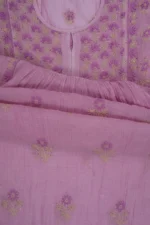 Srajann Hand Embroided Pink Mul Chanderi Lucknowi Chikankari Unstitched Kurta Dupatta Set (SLC1624) - Image 9