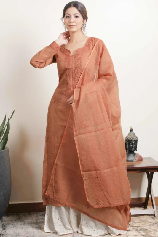 Elegant Hand Embroidered Rust Kota Lucknowi Chikankari Unstitched Kurta Dupatta Set by Srajann.