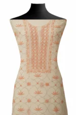 Srajann Hand Embroided Fawn Mul Chanderi Lucknowi Chikankari Unstitched Kurta Dupatta Set (SLC1587) - Image 4