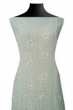 Srajann Hand Embroided Blue Mul Chanderi Lucknowi Chikankari Unstitched Kurta Dupatta Set (SLC1595) - Image 2
