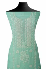 Srajann Hand Embroided Sea Green Mul Chanderi Lucknowi Chikankari Unstitched Kurta Dupatta Set (SLC1716) - Image 3
