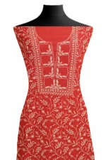 Srajann Hand Embroided Red Maheshwari Lucknowi Chikankari Unstitched Kurta Dupatta Set (SLC1775) - Image 3