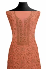 Srajann Hand Embroided Peach Maheshwari Lucknowi Chikankari Unstitched Kurta Dupatta Set (SLC1777) - Image 3