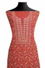 Srajann Hand Embroided Red Maheshwari Lucknowi Chikankari Unstitched Kurta Dupatta Set (SLC1799) - Image 3