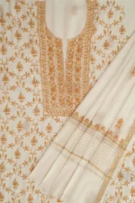 Srajann Hand Embroided white Mul Chanderi Lucknowi Chikankari Unstitched Kurta Dupatta Set