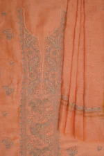 Srajann Hand Embroided Peach Linen Lucknowi Chikankari Unstitched Kurta Dupatta Set