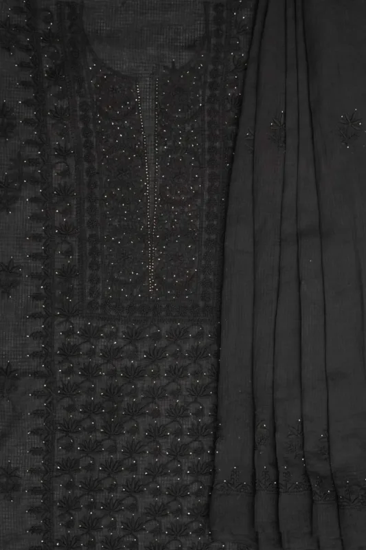 Srajann Hand Embroided Black Kota Lucknowi Chikankari Unstitched Kurta Dupatta Set