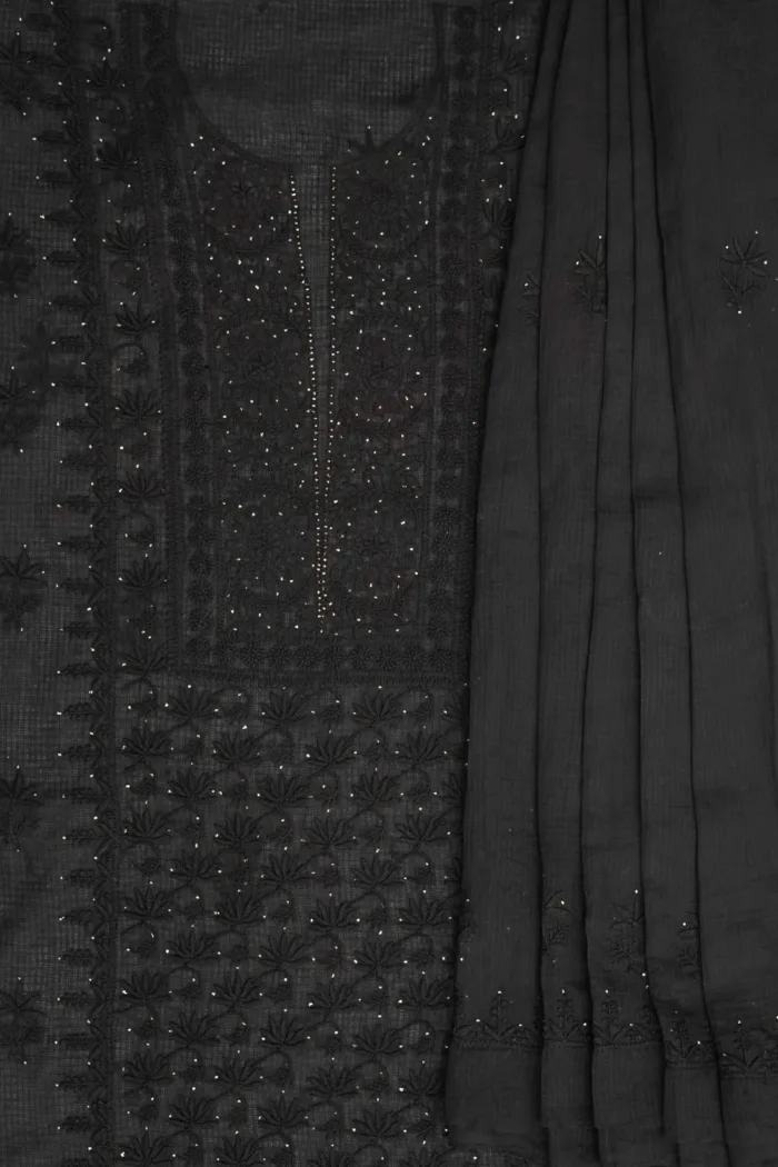 Srajann Hand Embroided Black Kota Lucknowi Chikankari Unstitched Kurta Dupatta Set