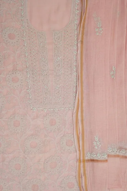 Srajann Hand Embroided Pink Mul Chanderi Lucknowi Chikankari Unstitched Kurta Dupatta Set