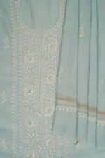 Srajann Hand Embroided Blue Mul Chanderi Lucknowi Chikankari Unstitched Kurta Dupatta Set
