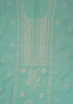 Srajann Hand Embroided Sea Green Mul Chanderi Lucknowi Chikankari Unstitched Kurta Dupatta Set (SLC1716) - Image 8