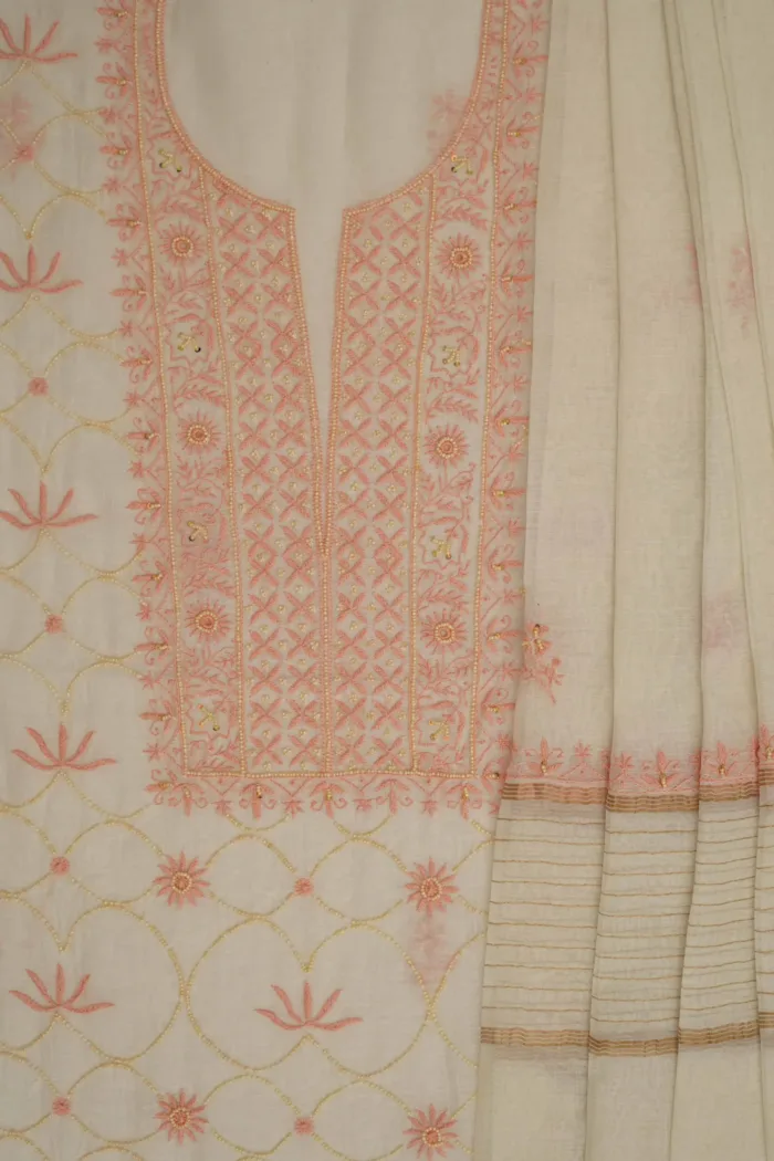 Srajann Hand Embroidered Mal Chanderi Lucknowi Chikankari Unstitched Kurta With Dupatta