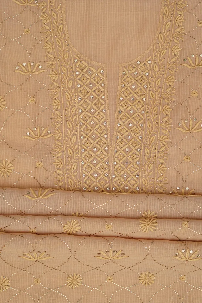 Srajann Hand Embroidered Fawn Maheshwari Lucknowi Chikankari Unstitched Kurta Dupatta Set