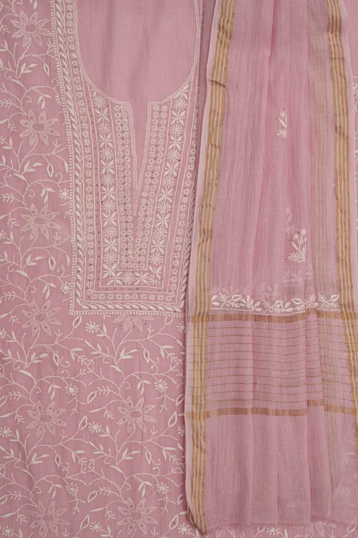 Srajann Hand Embroided Pink Maheshwari Lucknowi Chikankari Unstitched Kurta Dupatta Set