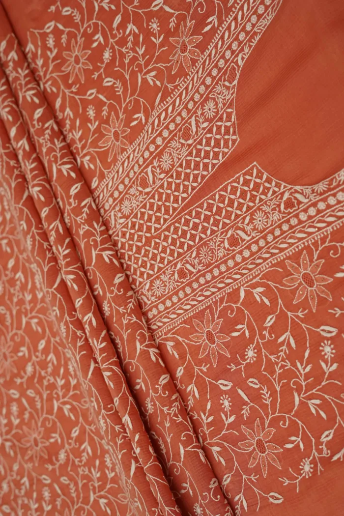 Srajann Hand Embroided Peach Maheshwari Lucknowi Chikankari Unstitched Kurta Dupatta Set