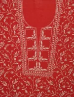 Srajann Hand Embroided Red Maheshwari Lucknowi Chikankari Unstitched Kurta Dupatta Set (SLC1775) - Image 4