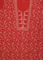 Srajann Hand Embroided Red Maheshwari Lucknowi Chikankari Unstitched Kurta Dupatta Set (SLC1775) - Image 5