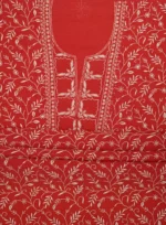 Srajann Hand Embroided Red Maheshwari Lucknowi Chikankari Unstitched Kurta Dupatta Set (SLC1775) - Image 7