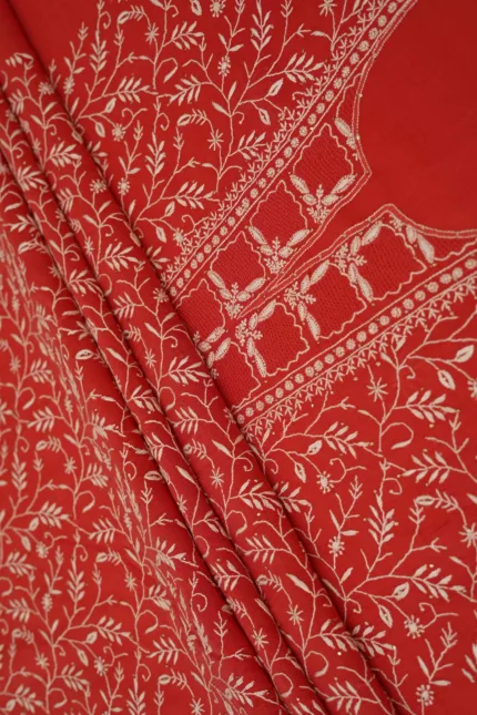 Srajann Hand Embroidered Red Maheshwari Lucknowi Chikankari Unstitched Kurta Dupatta Set