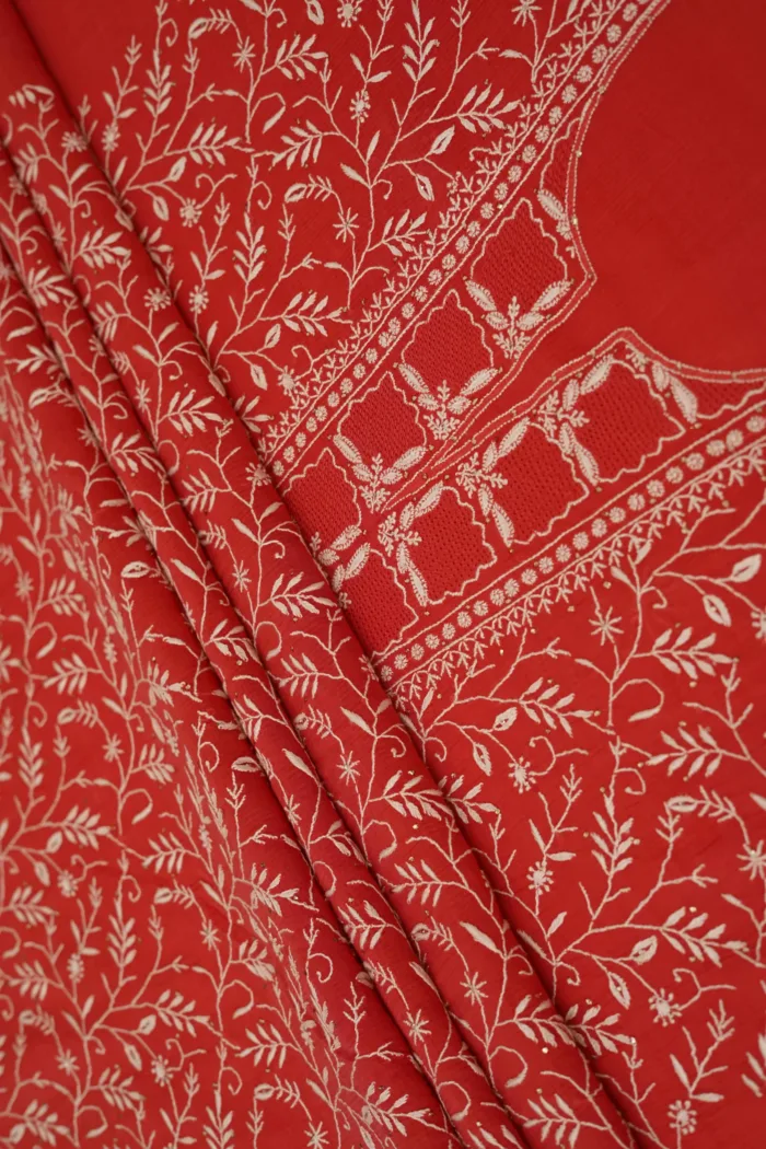 Srajann Hand Embroidered Red Maheshwari Lucknowi Chikankari Unstitched Kurta Dupatta Set