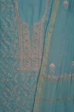 Srajann Hand Embroided Blue Maheshwari Lucknowi Chikankari Unstitched Kurta Dupatta Set