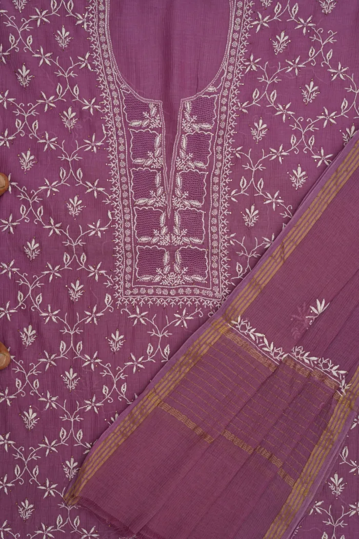 Srajann Hand Embroidered Purple Maheshwari Lucknowi Chikankari Unstitched Kurta Dupatta Set