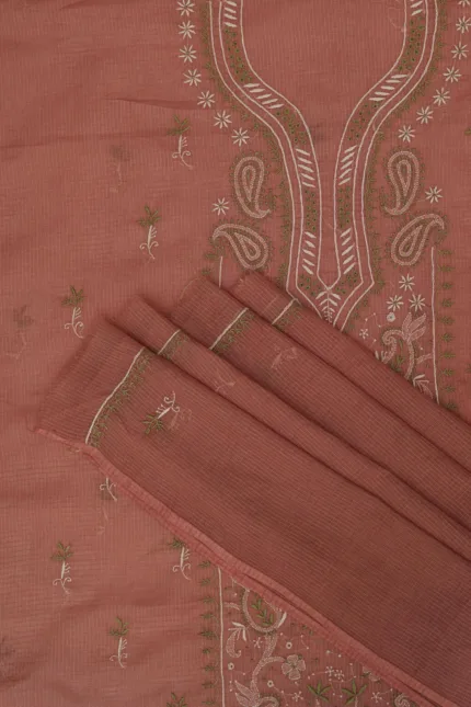 Srajann Hand Embroidered Peach Kota Lucknowi Chikankari Unstitched Kurta Dupatta Set | Elegant Ethnic Wear