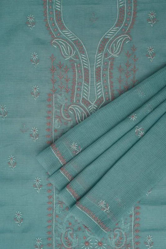 Srajann Hand Embroided Blue Kota Lucknowi Chikankari Unstitched Kurta Dupatta Set