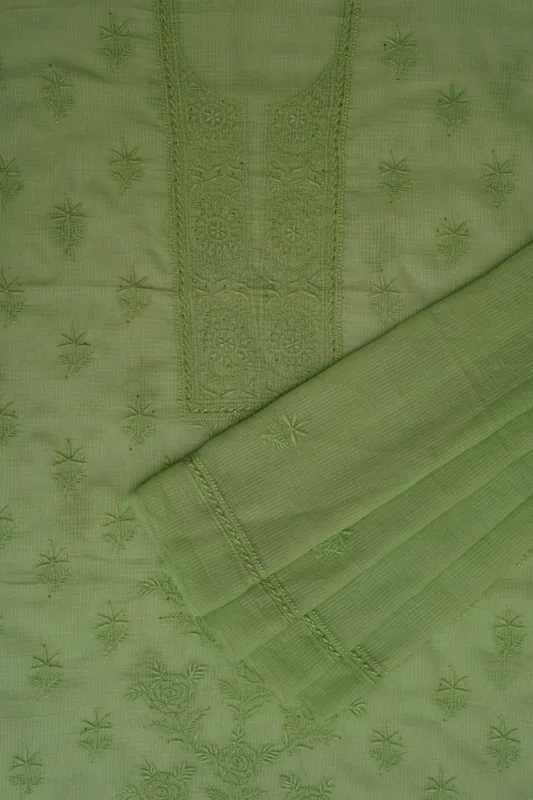 Srajann Hand Embroided Green Kota Lucknowi Chikankari Unstitched Kurta Dupatta Set