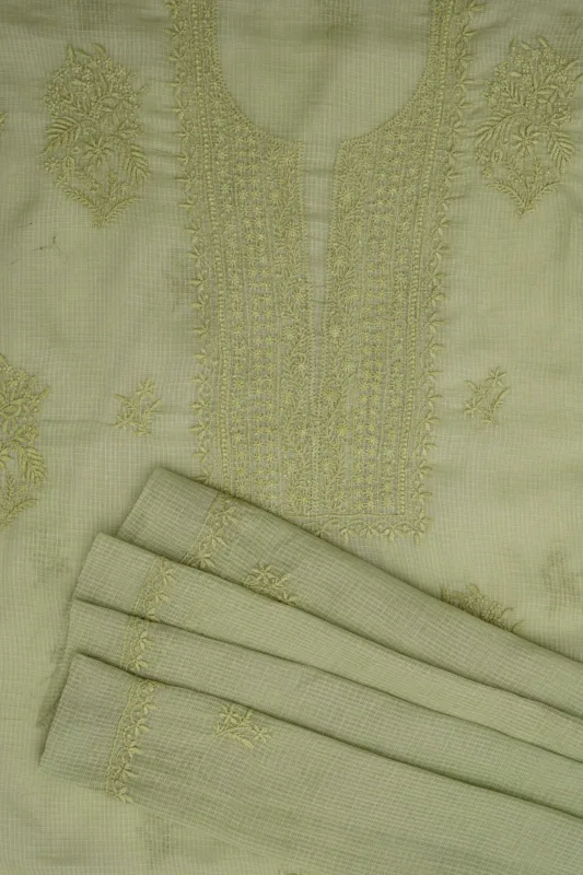 Srajann Hand Embroided Sea Green Kota Lucknowi Chikankari Unstitched Kurta Dupatta Set