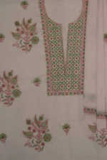 Srajann Hand Embroided Pink Kota Lucknowi Chikankari Unstitched Kurta Dupatta Set