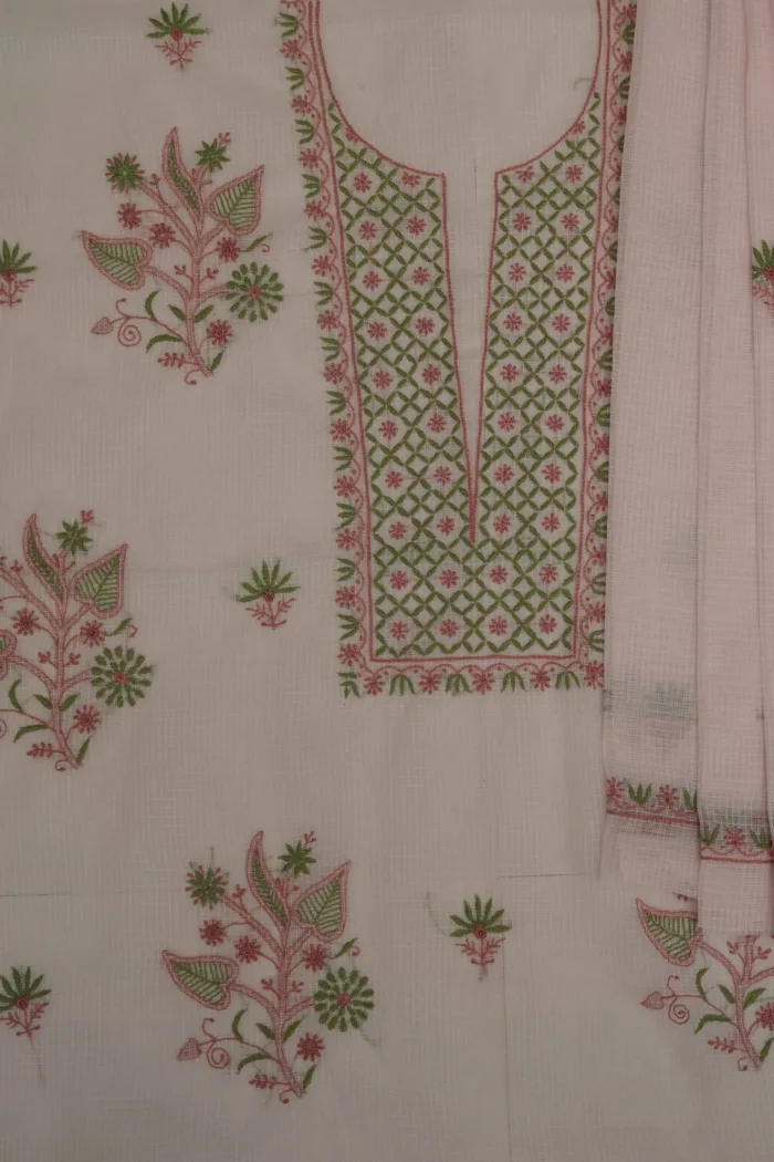 Srajann Hand Embroided Pink Kota Lucknowi Chikankari Unstitched Kurta Dupatta Set