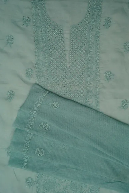 Srajann Hand Embroided Cotton Kota Lucknowi Chikankari Unstitched Kurta Dupatta Set
