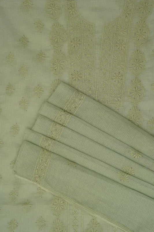 Srajann Hand Embroided Sea Green Kota Lucknowi Chikankari Unstitched Kurta Dupatta Set
