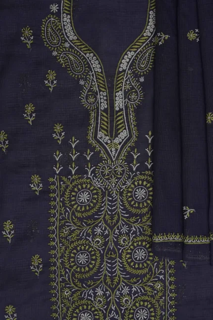 Srajann Hand Embroidered Blue Kota Lucknowi Chikankari Unstitched Kurta Dupatta Set | Exquisite Ethnic Wear