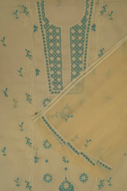 Srajann Hand Embroided Cream Kota Lucknowi Chikankari Unstitched Kurta Dupatta Set