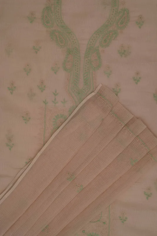 Srajann Hand Embroidered Fawn Kota Lucknowi Chikankari Unstitched Kurta Dupatta Set | Elegant Indian Ethnic Wear
