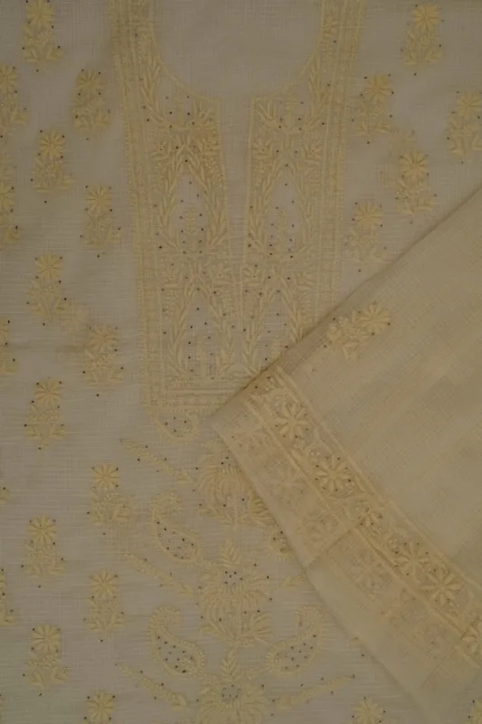 Srajann Hand Embroided Cream Kota Lucknowi Chikankari Unstitched Kurta Dupatta Set