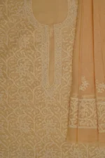 Srajann Hand Embroided Fawn Kota Lucknowi Chikankari Unstitched Kurta Dupatta Set