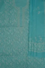 Srajann Hand Embroided Blue Kota Lucknowi Chikankari Unstitched Kurta Dupatta Set
