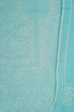 Srajann Hand Embroided Blue Kota Lucknowi Chikankari Unstitched Kurta Dupatta Set