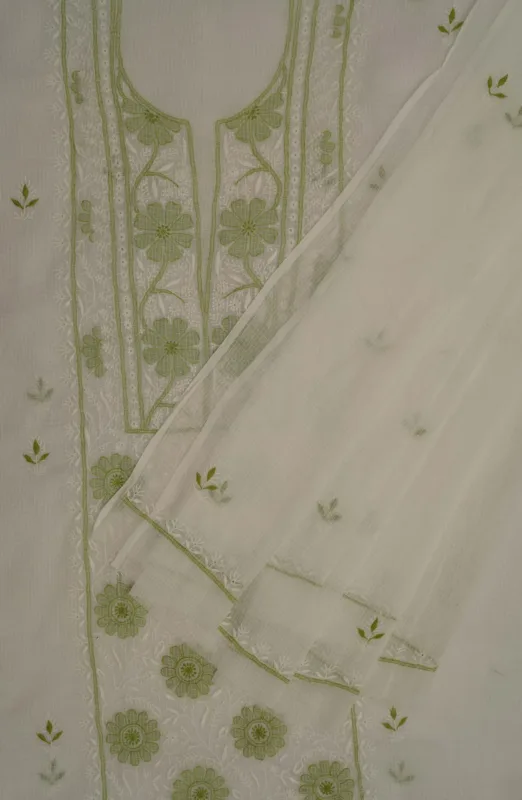 Srajann Hand Embroided Lemon Kota Lucknowi Chikankari Unstitched Kurta Dupatta Set