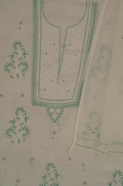 Srajann Hand Embroidered White Kota Lucknowi Chikankari Unstitched Kurta Dupatta Set | Authentic Indian Ethnic Wear