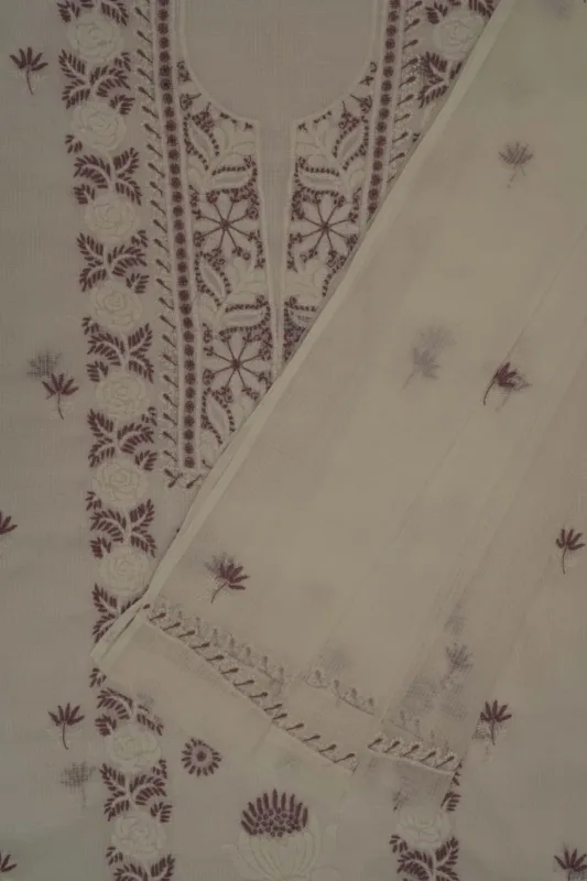 Srajann Hand Embroided white Kota Lucknowi Chikankari Unstitched Kurta Dupatta Set
